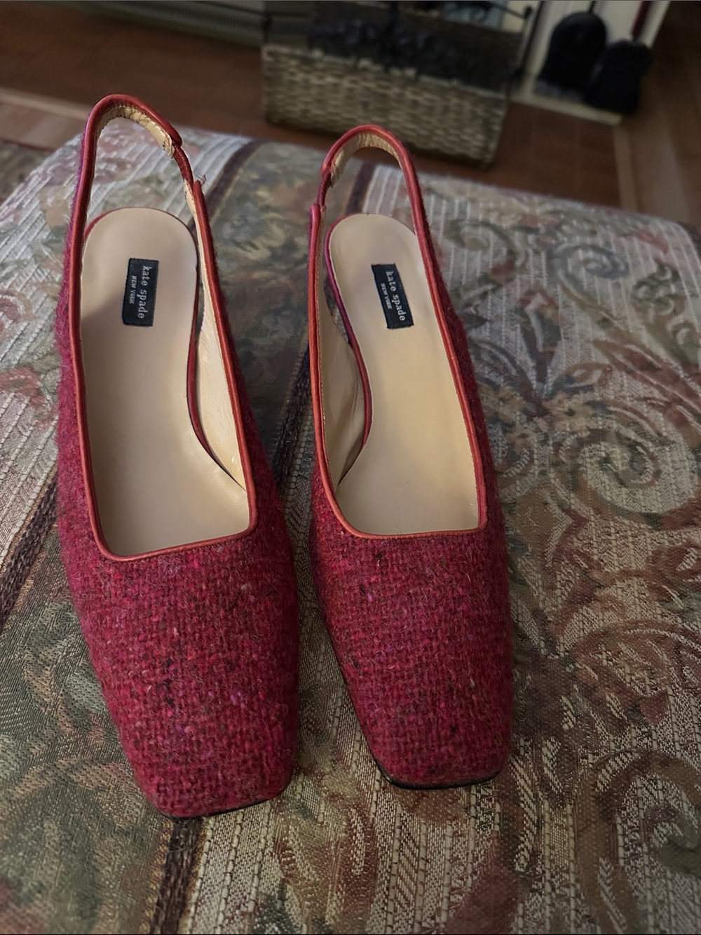 Vintage Y2K kate spade Red Tweed Square-Toe Slingback Pumps 8.5B